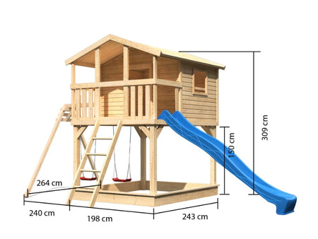 Karibu Stelzenhaus Benjamin natur mit Rutsche in blau und Doppelschaukelanbau