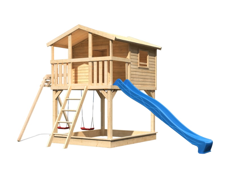 Karibu Stelzenhaus Benjamin natur mit Rutsche in blau und Doppelschaukelanbau