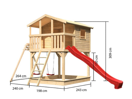 Karibu Stelzenhaus Benjamin natur mit Rutsche in rot und Doppelschaukelanbau