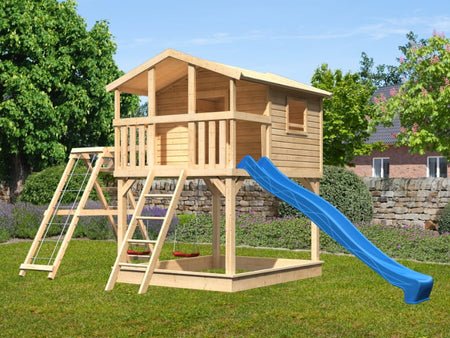 Karibu Stelzenhaus Benjamin natur mit Rutsche in blau und Doppelschaukelanbau mit Klettergerüst und