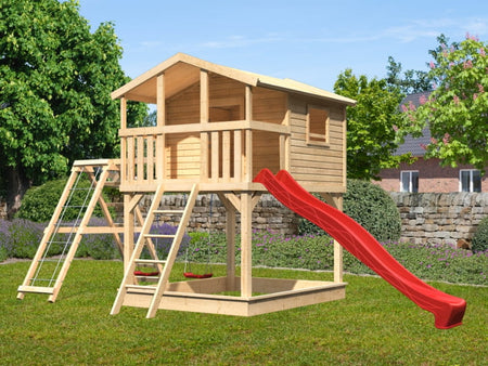 Karibu Stelzenhaus Benjamin natur mit Rutsche in rot und Doppelschaukelanbau mit Klettergerüst und N