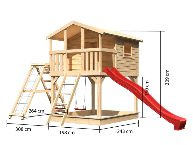 Karibu Stelzenhaus Benjamin natur mit Rutsche in rot und Doppelschaukelanbau mit Klettergerüst und N