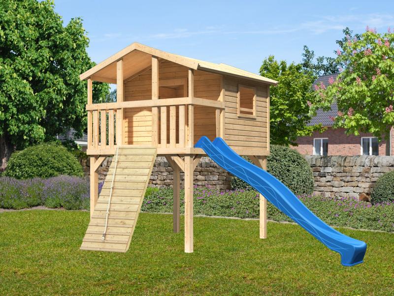 Karibu Stelzenhaus Benjamin naturbelassen + Rutsche blau + Holzrampe