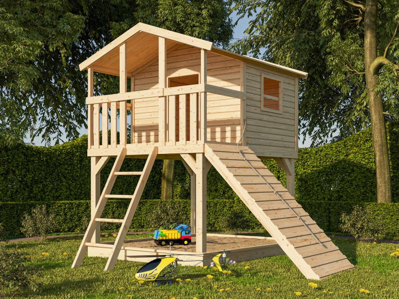 Karibu Stelzenhaus Benjamin naturbelassen mit Holzrampe