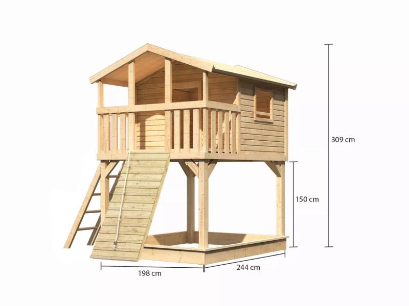 Karibu Stelzenhaus Benjamin naturbelassen mit Holzrampe