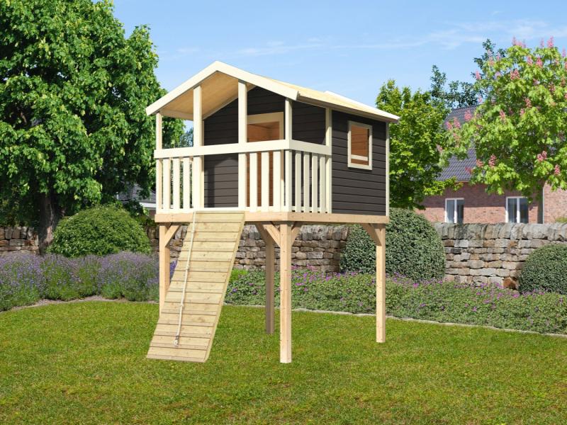 Karibu Stelzenhaus Benjamin terragrau mit Holzrampe