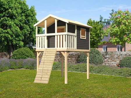 Karibu Stelzenhaus Benjamin terragrau mit Holzrampe