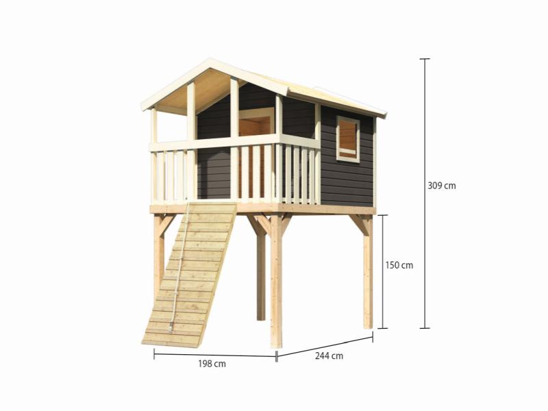 Karibu Stelzenhaus Benjamin terragrau mit Holzrampe