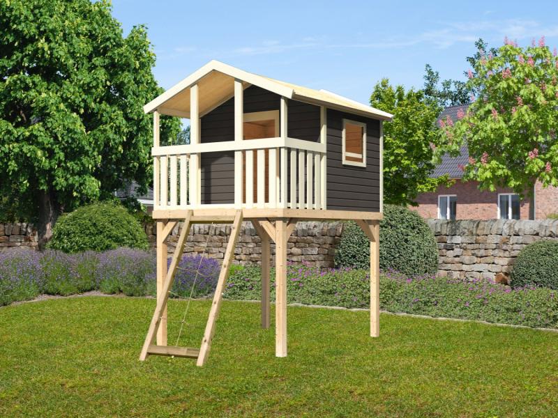 karibu Stelzenhaus Benjamin terragrau mit Netzrampe