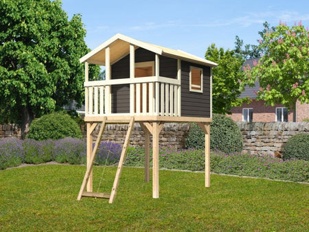 karibu Stelzenhaus Benjamin terragrau mit Netzrampe