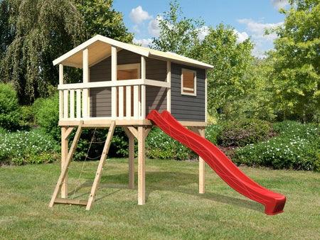 Karibu Stelzenhaus Benjamin terragrau mit Netzrampe und Rutsche in rot