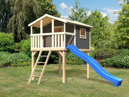 Karibu Stelzenhaus Benjamin terragrau mit Rutsche in blau