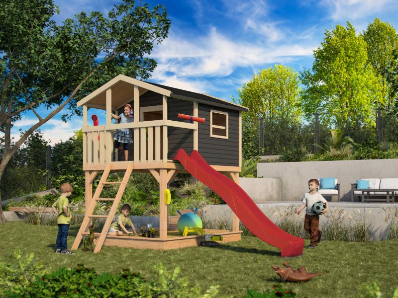 Karibu Stelzenhaus Benjamin terragrau mit Rutsche in rot