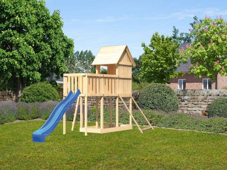 Karibu Stelzenhaus Frieda + Rutsche blau + Anbauplattform + Netzrampe