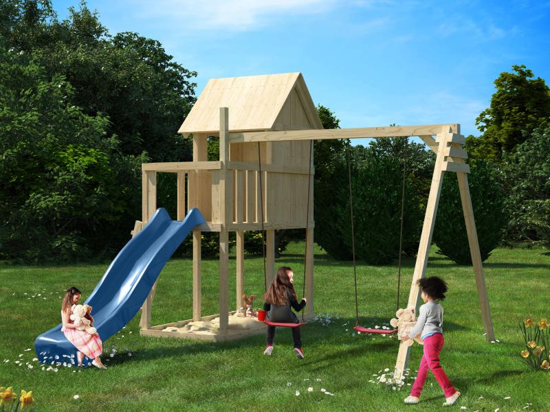 Karibu Stelzenhaus Frieda + Rutsche blau + Doppelschaukel