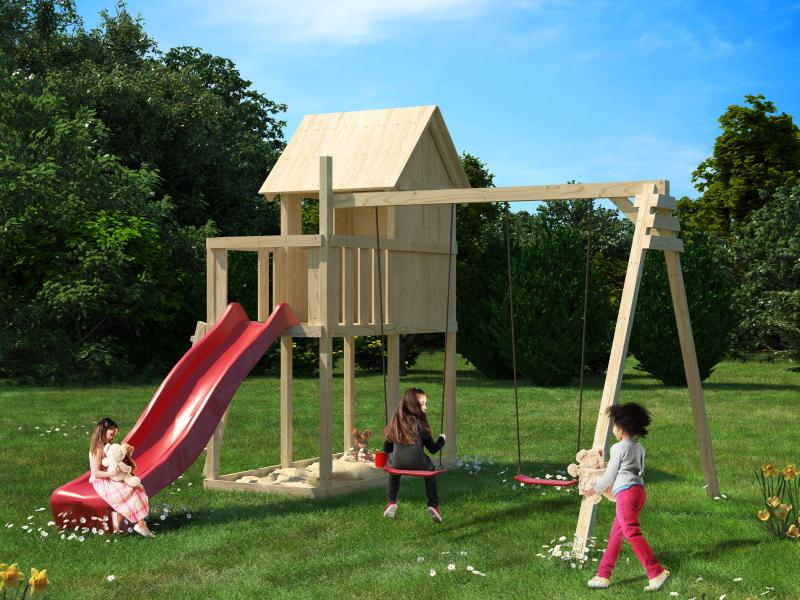 Karibu Stelzenhaus Frieda + Rutsche rot + Doppelschaukel + Anbauplattform