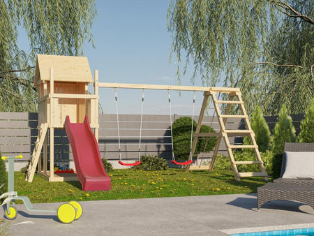 Karibu Stelzenhaus Frieda + Rutsche rot + Doppelschaukelanbau Klettergerüst