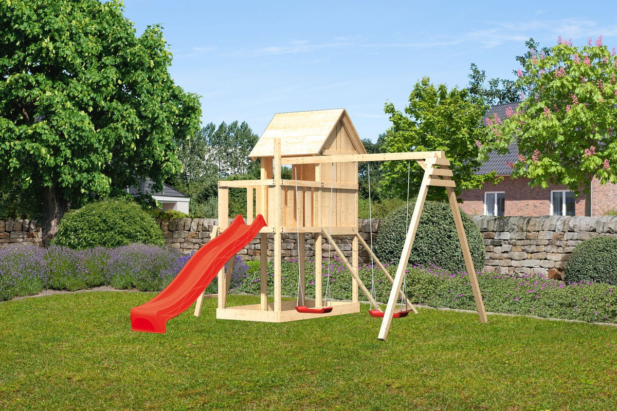 Karibu Stelzenhaus Frieda + Rutsche rot + Doppelschaukel + Netzrampe