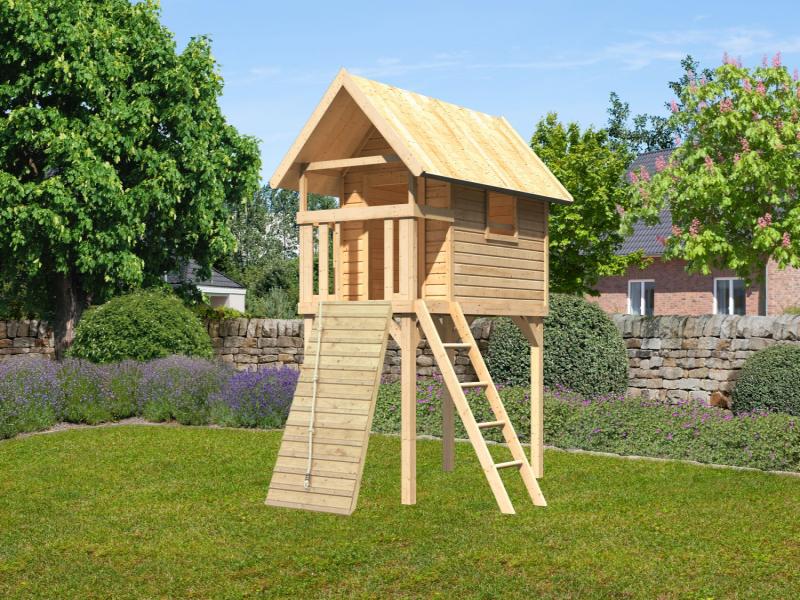 Karibu Stelzenhaus Gernegross naturbelassen mit Holzrampe