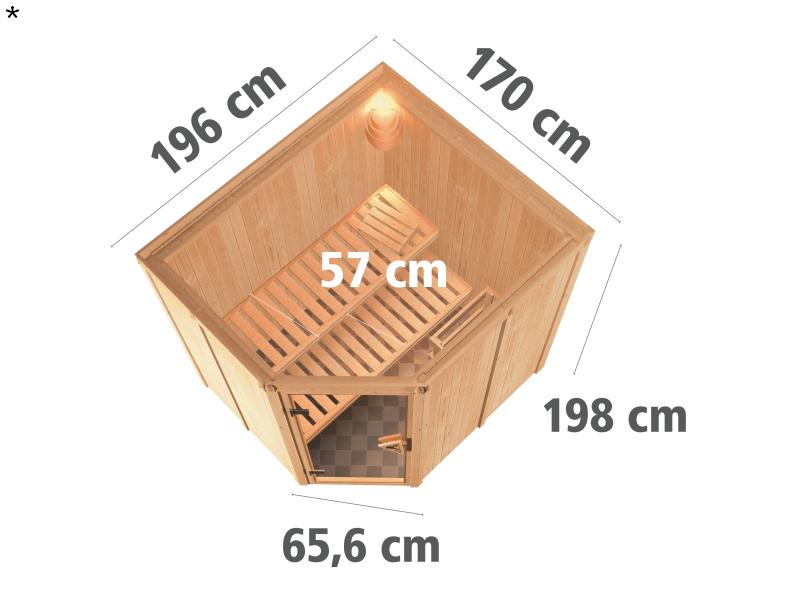 Lilja - Karibu Sauna Plug & Play 3,6 kW Bio Ofen, ext. Steuerung - ohne Dachkranz - Moderne Saunatür
