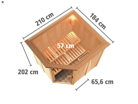 Lilja - Karibu Sauna Plug & Play inkl. 3,6 kW-Ofen - mit Dachkranz -