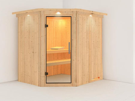 Lilja - Karibu Sauna Plug & Play ohne Ofen - mit Dachkranz - Klarglas Ganzglastür