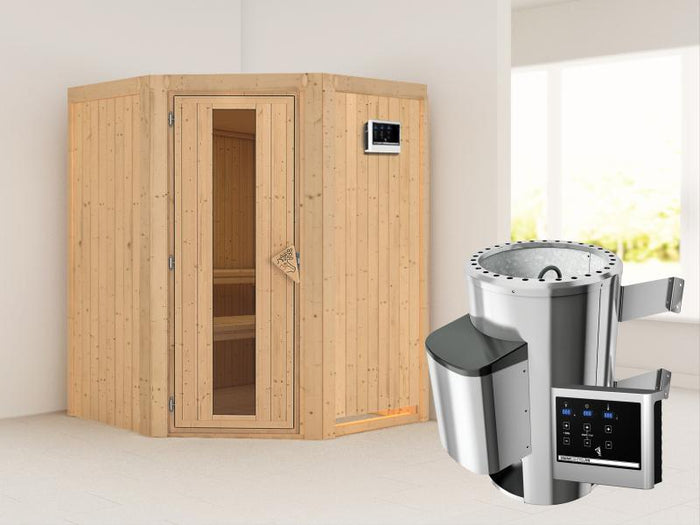 Nanja - Karibu Sauna Plug & Play 3,6 kW Ofen, ext. Steuerung - ohne Dachkranz - Energiespartür