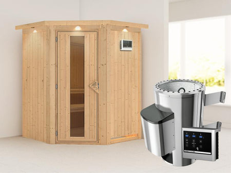 Nanja - Karibu Sauna Plug & Play 3,6 kW Ofen, ext. Steuerung - mit Dachkranz - Energiespartür