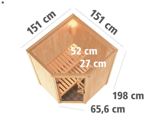Nanja - Karibu Sauna Plug & Play 3,6 kW Ofen, ext. Steuerung - ohne Dachkranz - moderne Saunatür