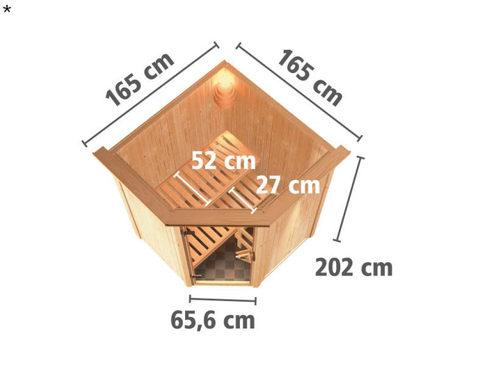 Nanja - Karibu Sauna Plug & Play 3,6 kW Ofen, ext. Steuerung - mit Dachkranz - Moderne Saunatür