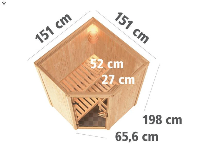 Nanja - Karibu Sauna Plug & Play 3,6 kW Ofen, ext. Steuerung - ohne Dachkranz - Klarglas Ganzglastür