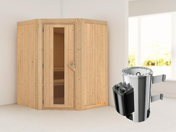 Nanja - Karibu Sauna Plug & Play 3,6 kW Ofen, int. Steuerung - ohne Dachkranz - Energiespartür