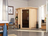 Nanja - Karibu Sauna Plug & Play ohne Ofen - mit Dachkranz - moderne Saunatür