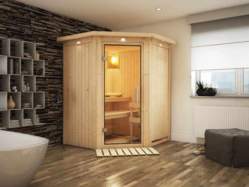 Nanja - Karibu Sauna Plug & Play ohne Ofen - mit Dachkranz - Klarglas Ganzglastür