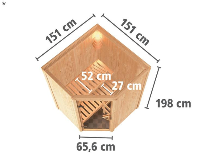 Nanja - Karibu Sauna Plug & Play ohne Ofen - ohne Dachkranz - Klarglas Ganzglastür