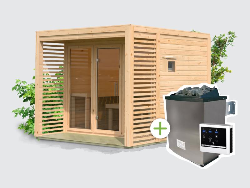 Osb samrt choice Saunahaus Patio 3, 38 mm naturbelassen -inkl. 9 kW Ofen ext. Steuerung- inkl. Dache