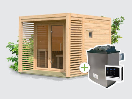 Osb samrt choice Saunahaus Patio 3, 38 mm naturbelassen -inkl. 9 kW Ofen ext. Steuerung- inkl. Dache