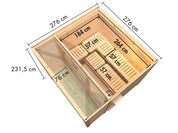 Osb samrt choice Saunahaus Patio 3, 38 mm naturbelassen -inkl. 9 kW Ofen ext. Steuerung- inkl. Dache