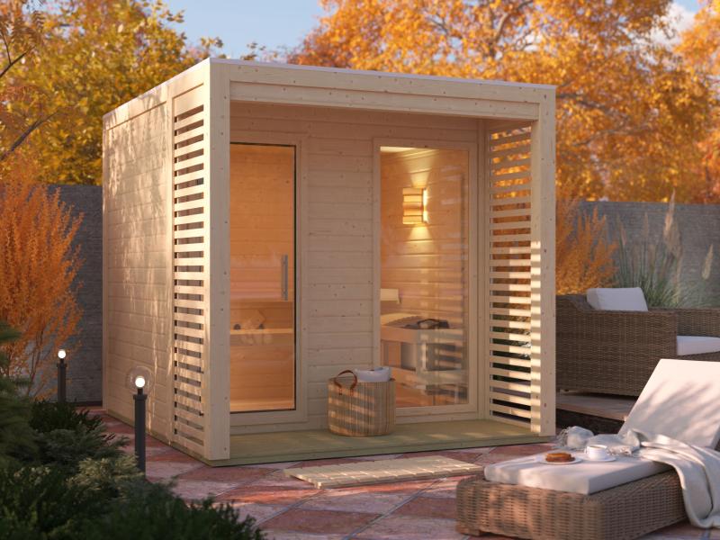 Osb smart choice Saunahaus Patio 2, 38 mm naturbelassen -inkl. 9 kW Bioofen ext. Steuerung-, inkl. D