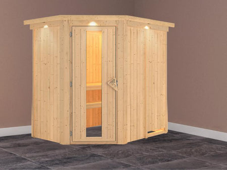 Saja - Karibu Sauna Plug & Play ohne Ofen - mit Dachkranz - Energiespartür