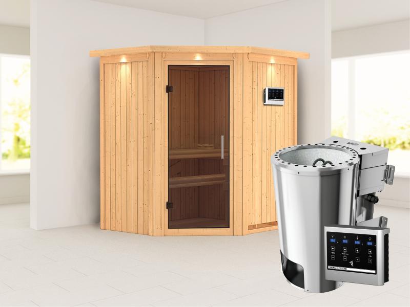 Tonja - Karibu Sauna Plug & Play 3,6 kW Bio Ofen, ext. Steuerung - mit Dachkranz - Moderne Saunatür