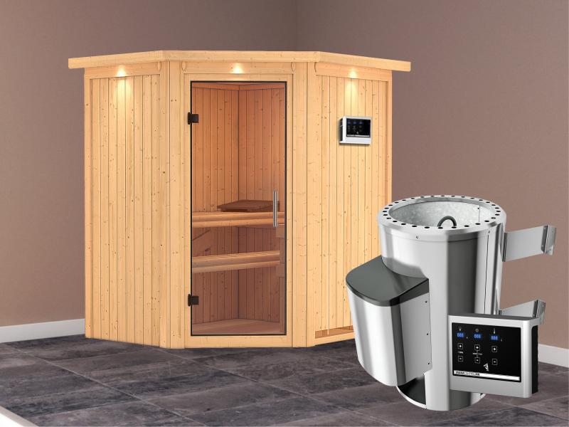 Tonja - Karibu Sauna Plug & Play 3,6 kW Ofen, ext. Steuerung - mit Dachkranz - Klarglas Ganzglastür