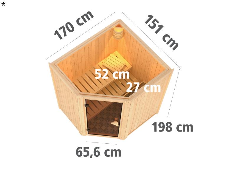 Tonja - Karibu Sauna Plug & Play 3,6 kW Ofen, int. Steuerung - ohne Dachkranz - Klarglas Ganzglastür