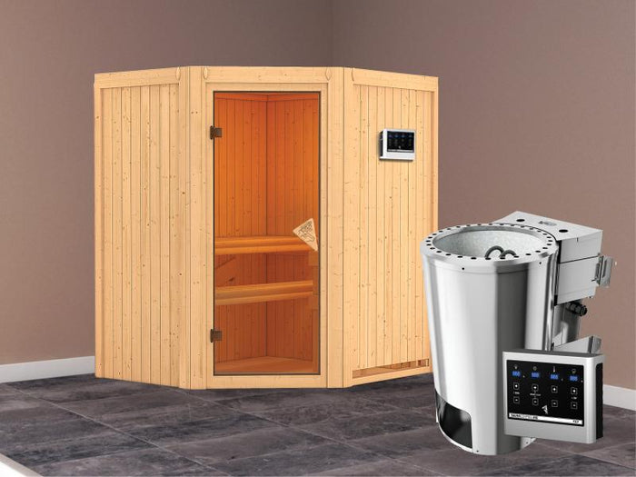 Tonja - Karibu Sauna Plug & Play inkl. 3,6 kW-Bioofen ext. Steuerung - ohne Dachkranz -