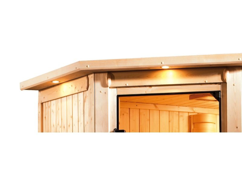 Tonja - Karibu Sauna Plug & Play inkl. 3,6 kW-Ofen int. Steuerung - mit Dachkranz -